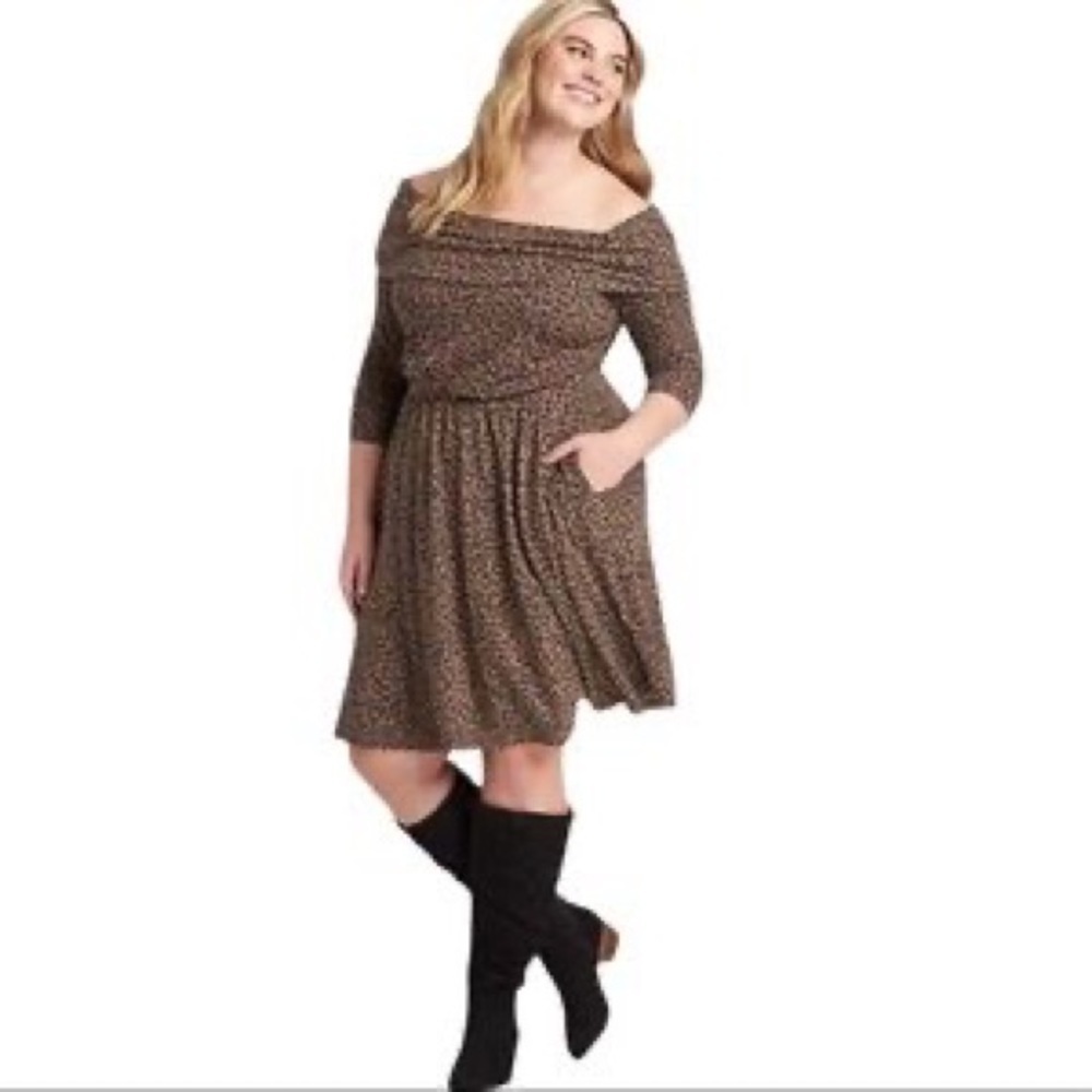 Lane Bryant Women Plus Sz 18/20 Leopard Animal Print Off The Shoulder Dress Nwt